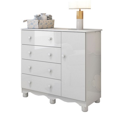 Cômoda Infantil Júnior New 1 Porta 4 Gavetas 100% Mdf Branco Brilho - Móveis Peroba