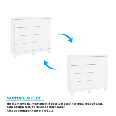 Cômoda Infantil Júnior New 1 Porta 4 Gavetas 100% Mdf Branco Brilho - Móveis Peroba