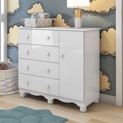 Cômoda Infantil Júnior New 1 Porta 4 Gavetas 100% Mdf Branco Brilho - Móveis Peroba