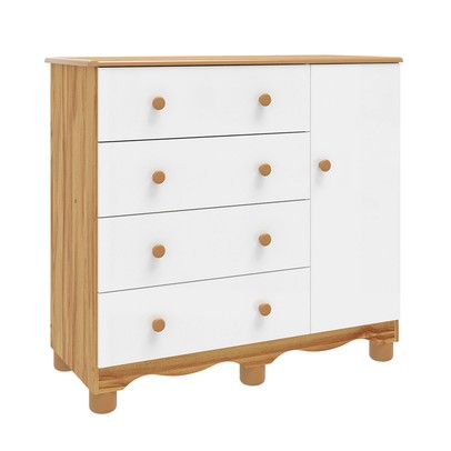 Cômoda Infantil Júnior New 1 Porta 4 Gavetas 100% Mdf Branco Brilho/Amêndoa - Móveis Peroba