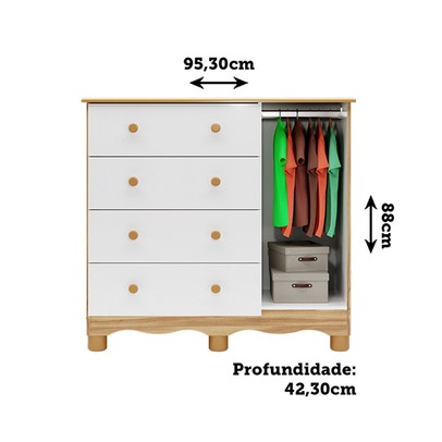 Cômoda Infantil Júnior New 1 Porta 4 Gavetas 100% Mdf Branco Brilho/Amêndoa - Móveis Peroba
