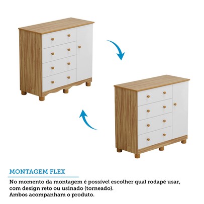 Cômoda Infantil Júnior New 1 Porta 4 Gavetas 100% Mdf Branco Brilho/Amêndoa - Móveis Peroba