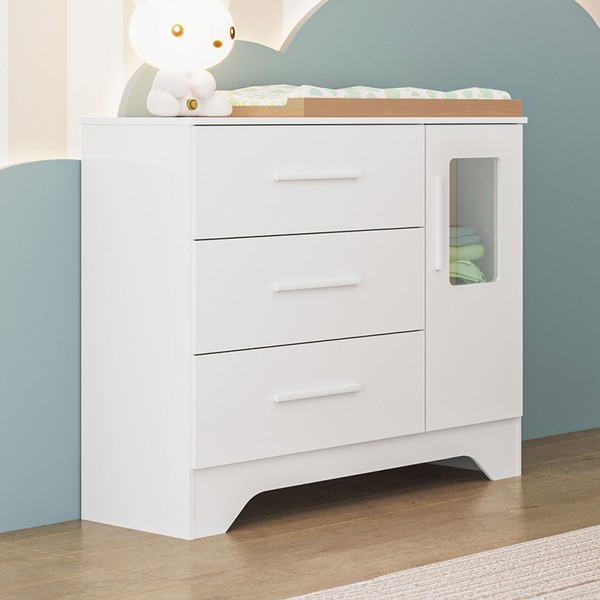 Cômoda Infantil Popy 1 Porta 3 Gavetas 100% Mdf Branco Brilho - Móveis Peroba