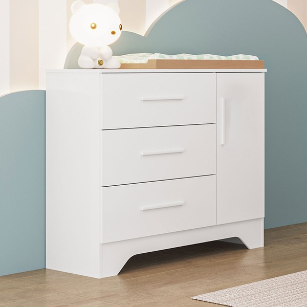 Cômoda Infantil Popy Retrô 1 Porta 3 Gavetas 100% Mdf Branco Brilho - Móveis Peroba
