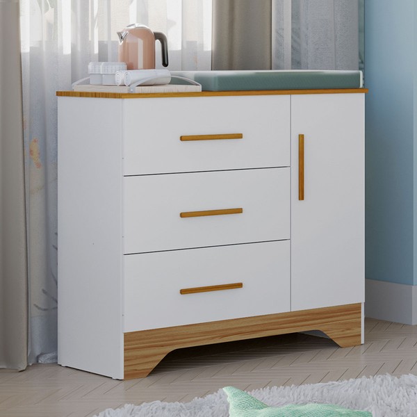 Cômoda Infantil Popy Retrô 1 Porta 3 Gavetas 100% Mdf Branco Brilho/Amêndoa - Móveis Peroba