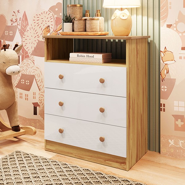 Cômoda Infantil Smim New 3 Gavetas 100% Mdf Branco Brilho/Amêndoa - Móveis Peroba