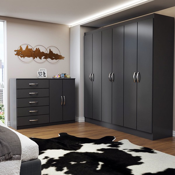 Guarda-Roupa Luna 6 Portas 2 Gavetas com Cômoda 2 Portas 5 Gavetas Preto - Panorama Móveis