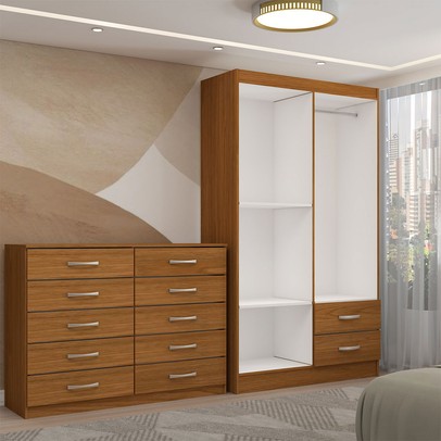 Guarda-Roupa Mila 4 Portas 2 Gavetas com Cômoda 10 Gavetas Cinamomo - Panorama Móveis