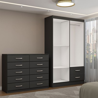 Guarda-Roupa Mila 4 Portas 2 Gavetas com Cômoda 10 Gavetas Preto - Panorama Móveis
