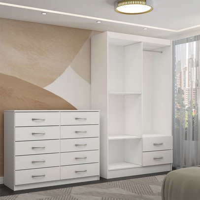 Guarda-Roupa Mila 4 Portas 2 Gavetas com Cômoda 10 Gavetas Branco - Panorama Móveis