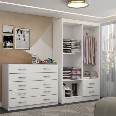 Guarda-Roupa Mila 4 Portas 2 Gavetas com Cômoda 10 Gavetas Branco - Panorama Móveis