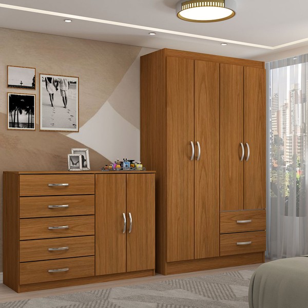 Guarda-Roupa Bella 4 Portas 2 Gavetas com Cômoda 2 Portas 5 Gavetas Cinamomo - Panorama Móveis