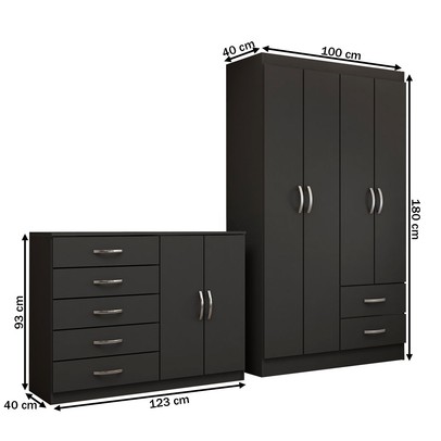 Guarda-Roupa Bella 4 Portas 2 Gavetas com Cômoda 2 Portas 5 Gavetas Preto - Panorama Móveis