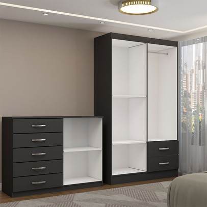 Guarda-Roupa Bella 4 Portas 2 Gavetas com Cômoda 2 Portas 5 Gavetas Preto - Panorama Móveis