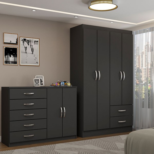 Guarda-Roupa Bella 4 Portas 2 Gavetas com Cômoda 2 Portas 5 Gavetas Preto - Panorama Móveis
