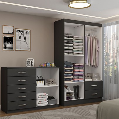 Guarda-Roupa Bella 4 Portas 2 Gavetas com Cômoda 2 Portas 5 Gavetas Preto - Panorama Móveis
