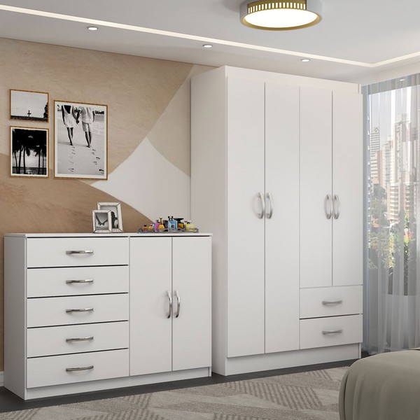 Guarda-Roupa Bella 4 Portas 2 Gavetas com Cômoda 2 Portas 5 Gavetas Branco - Panorama Móveis