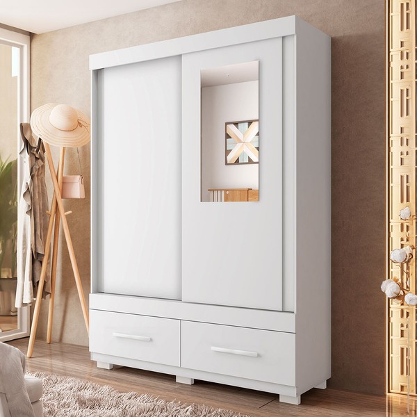 Guarda-Roupa Solteiro Sereno 2 Portas 2 Gavetas com Espelho Branco - Caemmun