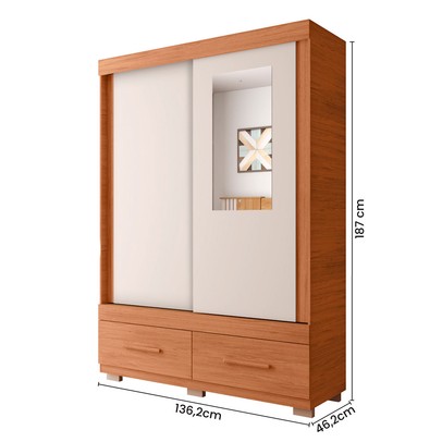 Guarda-Roupa Solteiro Sereno 2 Portas 2 Gavetas com Espelho Freijo/Off White - Caemmun