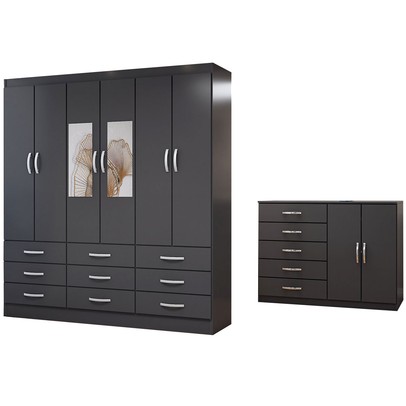 Guarda-Roupa Casal Iris 6 Portas 9 Gavetas e Espelho com Cômoda 2 Portas 5 Gavetas Preto - Panorama Móveis