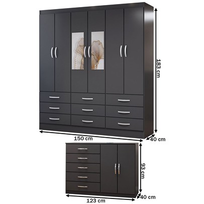 Guarda-Roupa Casal Iris 6 Portas 9 Gavetas e Espelho com Cômoda 2 Portas 5 Gavetas Preto - Panorama Móveis