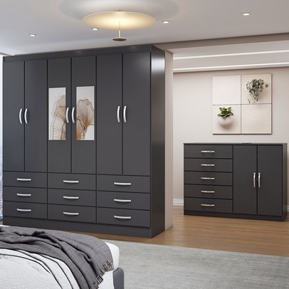 Guarda-Roupa Casal Iris 6 Portas 9 Gavetas e Espelho com Cômoda 2 Portas 5 Gavetas Preto - Panorama Móveis