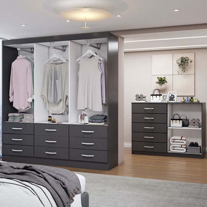 Guarda-Roupa Casal Iris 6 Portas 9 Gavetas e Espelho com Cômoda 2 Portas 5 Gavetas Preto - Panorama Móveis