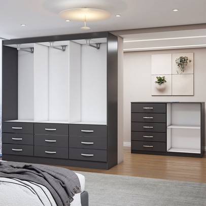 Guarda-Roupa Casal Iris 6 Portas 9 Gavetas e Espelho com Cômoda 2 Portas 5 Gavetas Preto - Panorama Móveis