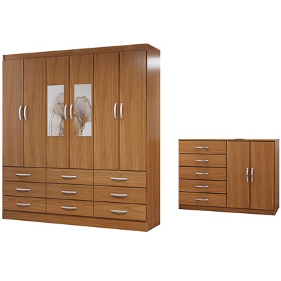 Guarda-Roupa Casal Iris 6 Portas 9 Gavetas e Espelho com Cômoda 2 Portas 5 Gavetas Cinamomo - Panorama Móveis