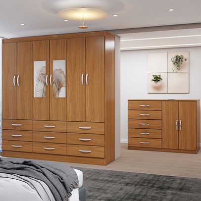Guarda-Roupa Casal Iris 6 Portas 9 Gavetas e Espelho com Cômoda 2 Portas 5 Gavetas Cinamomo - Panorama Móveis