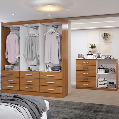 Guarda-Roupa Casal Iris 6 Portas 9 Gavetas e Espelho com Cômoda 2 Portas 5 Gavetas Cinamomo - Panorama Móveis