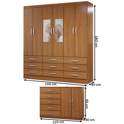 Guarda-Roupa Casal Iris 6 Portas 9 Gavetas e Espelho com Cômoda 2 Portas 5 Gavetas Cinamomo - Panorama Móveis