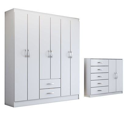 Guarda-Roupa Casal Helena 6 Portas 2 Gavetas com Cômoda 2 Portas 5 Gavetas Branco - Panorama Móveis
