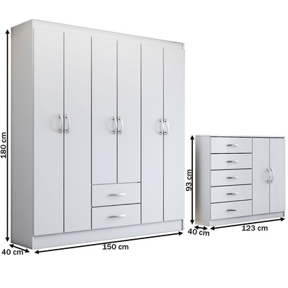 Guarda-Roupa Casal Helena 6 Portas 2 Gavetas com Cômoda 2 Portas 5 Gavetas Branco - Panorama Móveis