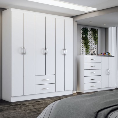 Guarda-Roupa Casal Helena 6 Portas 2 Gavetas com Cômoda 2 Portas 5 Gavetas Branco - Panorama Móveis