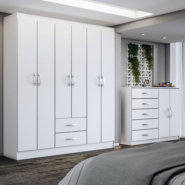 Guarda-Roupa Casal Helena 6 Portas 2 Gavetas com Cômoda 2 Portas 5 Gavetas Branco - Panorama Móveis