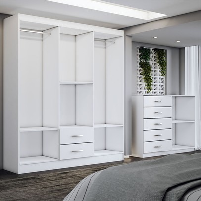 Guarda-Roupa Casal Helena 6 Portas 2 Gavetas com Cômoda 2 Portas 5 Gavetas Branco - Panorama Móveis