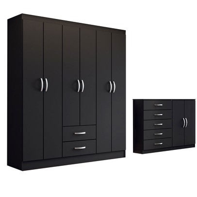 Guarda-Roupa Casal Helena 6 Portas 2 Gavetas com Cômoda 2 Portas 5 Gavetas Preto - Panorama Móveis
