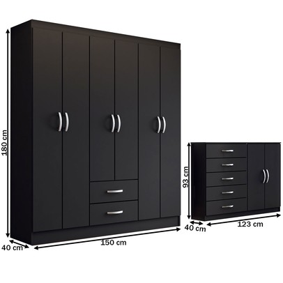 Guarda-Roupa Casal Helena 6 Portas 2 Gavetas com Cômoda 2 Portas 5 Gavetas Preto - Panorama Móveis