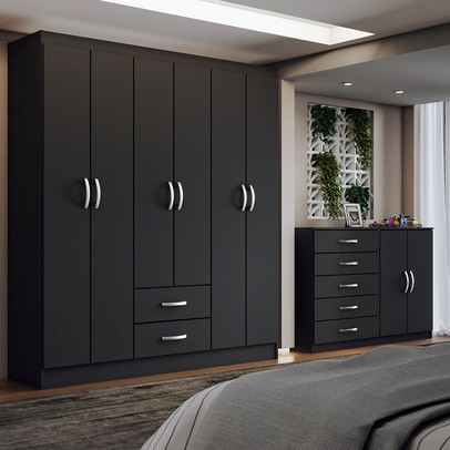 Guarda-Roupa Casal Helena 6 Portas 2 Gavetas com Cômoda 2 Portas 5 Gavetas Preto - Panorama Móveis