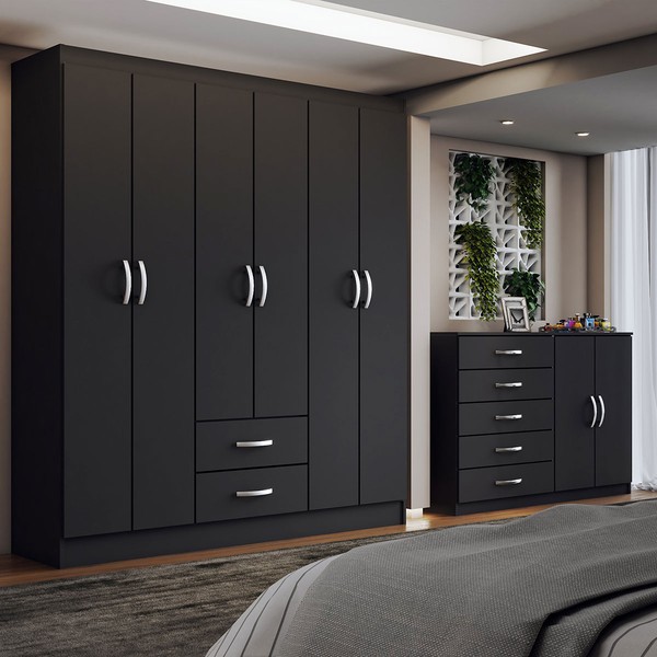 Guarda-Roupa Casal Helena 6 Portas 2 Gavetas com Cômoda 2 Portas 5 Gavetas Preto - Panorama Móveis