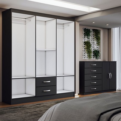 Guarda-Roupa Casal Helena 6 Portas 2 Gavetas com Cômoda 2 Portas 5 Gavetas Preto - Panorama Móveis