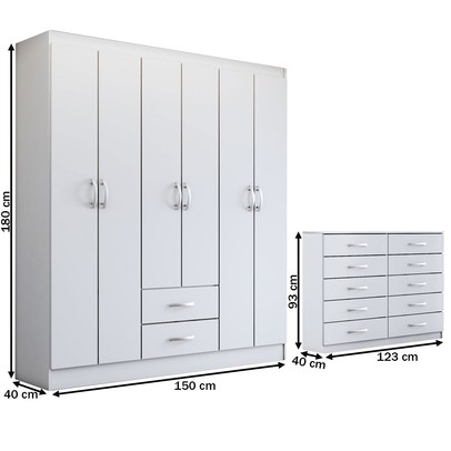 Guarda-Roupa Casal Maya 6 Portas 2 Gavetas com Cômoda 10 Gavetas Branco - Panorama Móveis
