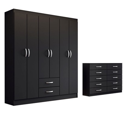 Guarda-Roupa Casal Maya 6 Portas 2 Gavetas com Cômoda 10 Gavetas Preto - Panorama Móveis