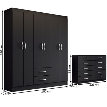 Guarda-Roupa Casal Maya 6 Portas 2 Gavetas com Cômoda 10 Gavetas Preto - Panorama Móveis