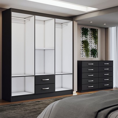Guarda-Roupa Casal Maya 6 Portas 2 Gavetas com Cômoda 10 Gavetas Preto - Panorama Móveis