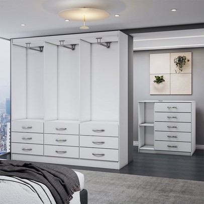 Guarda-Roupa Casal Grace 6 Portas 9 Gavetas com Cômoda 1 Porta 5 Gavetas Branco - Panorama Móveis
