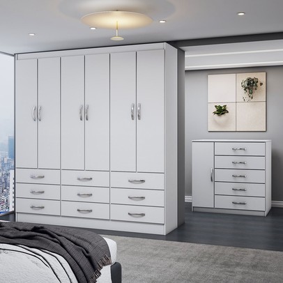 Guarda-Roupa Casal Grace 6 Portas 9 Gavetas com Cômoda 1 Porta 5 Gavetas Branco - Panorama Móveis