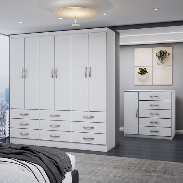Guarda-Roupa Casal Grace 6 Portas 9 Gavetas com Cômoda 1 Porta 5 Gavetas Branco - Panorama Móveis