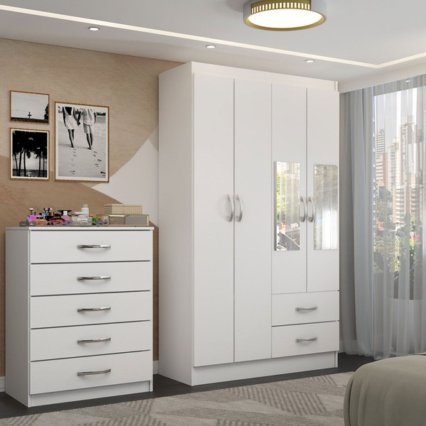 Guarda-Roupa Solteiro Eden 4 Portas 2 Gavetas e Espelho com Cômoda 5 Gavetas Branco - Panorama Móveis